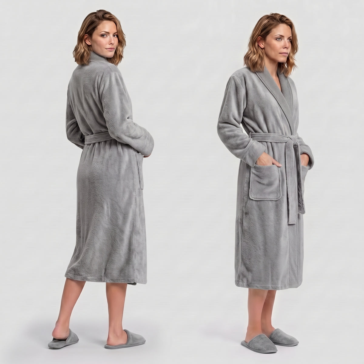 Plush Cotton Adult Bathrobe 100% Cotton Thick & Absorbent - Light Grey
