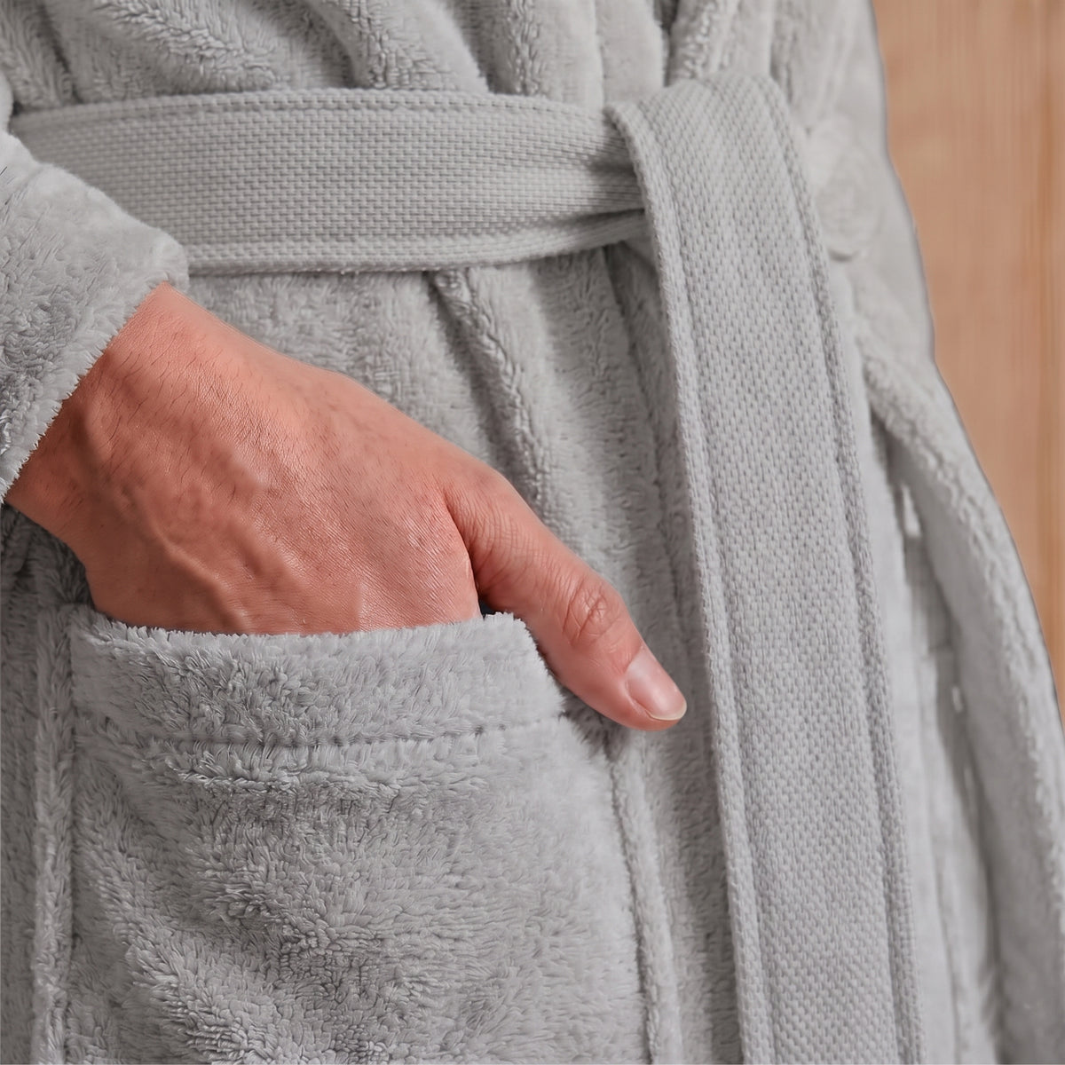 Plush Cotton Adult Bathrobe 100% Cotton Thick & Absorbent - Light Grey