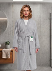 Plush Cotton Adult Bathrobe 100% Cotton Thick & Absorbent - Light Grey