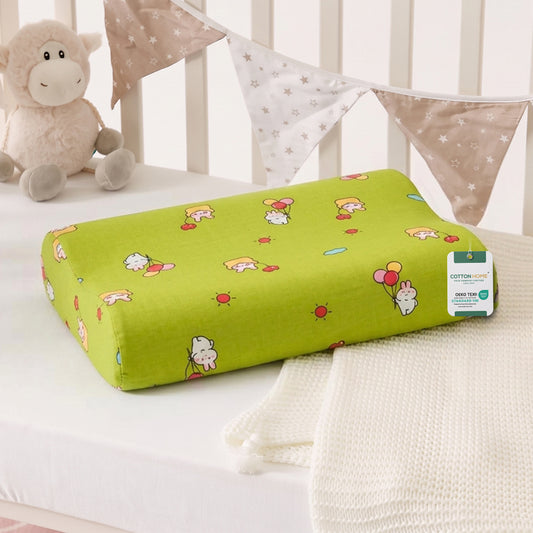 Snoozie Kids Contour Memory Foam Pillow 26x38 cm, Ergonomic Pillow for Children, Removable Cover Green Rabbit