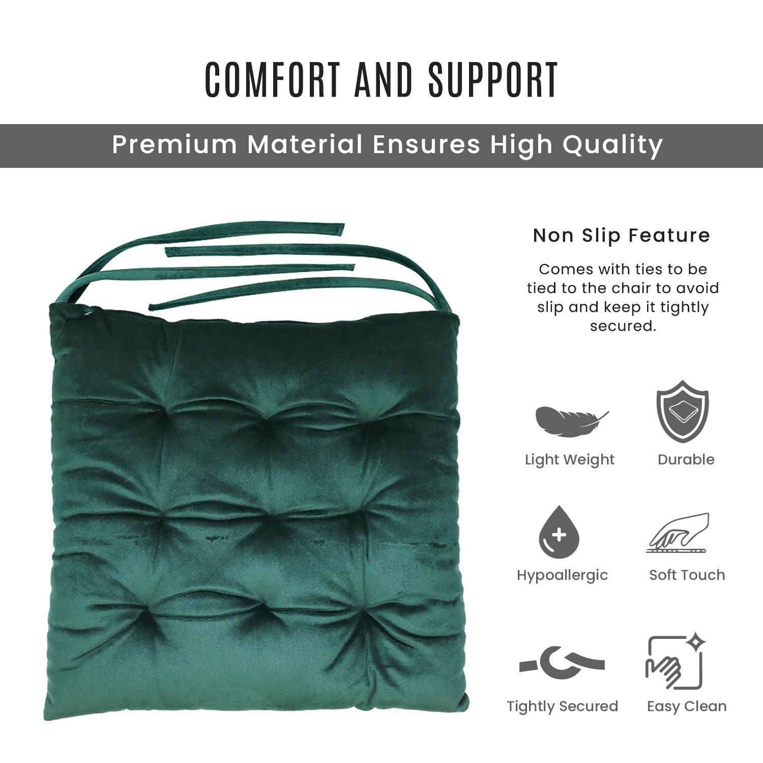 Velvet Slip Free Tufted  Chair Cushion Green 40x40cm - Pack of 2 - Cotton Home