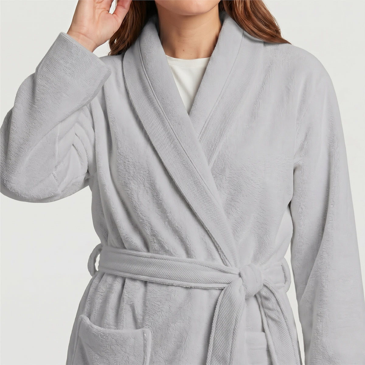 Plush Cotton Adult Bathrobe 100% Cotton Thick & Absorbent - Light Grey