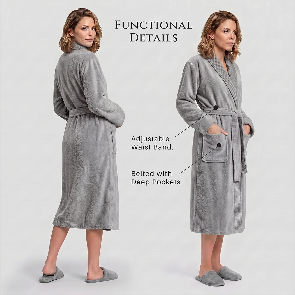 Plush Cotton Adult Bathrobe 100% Cotton Thick & Absorbent - Light Grey