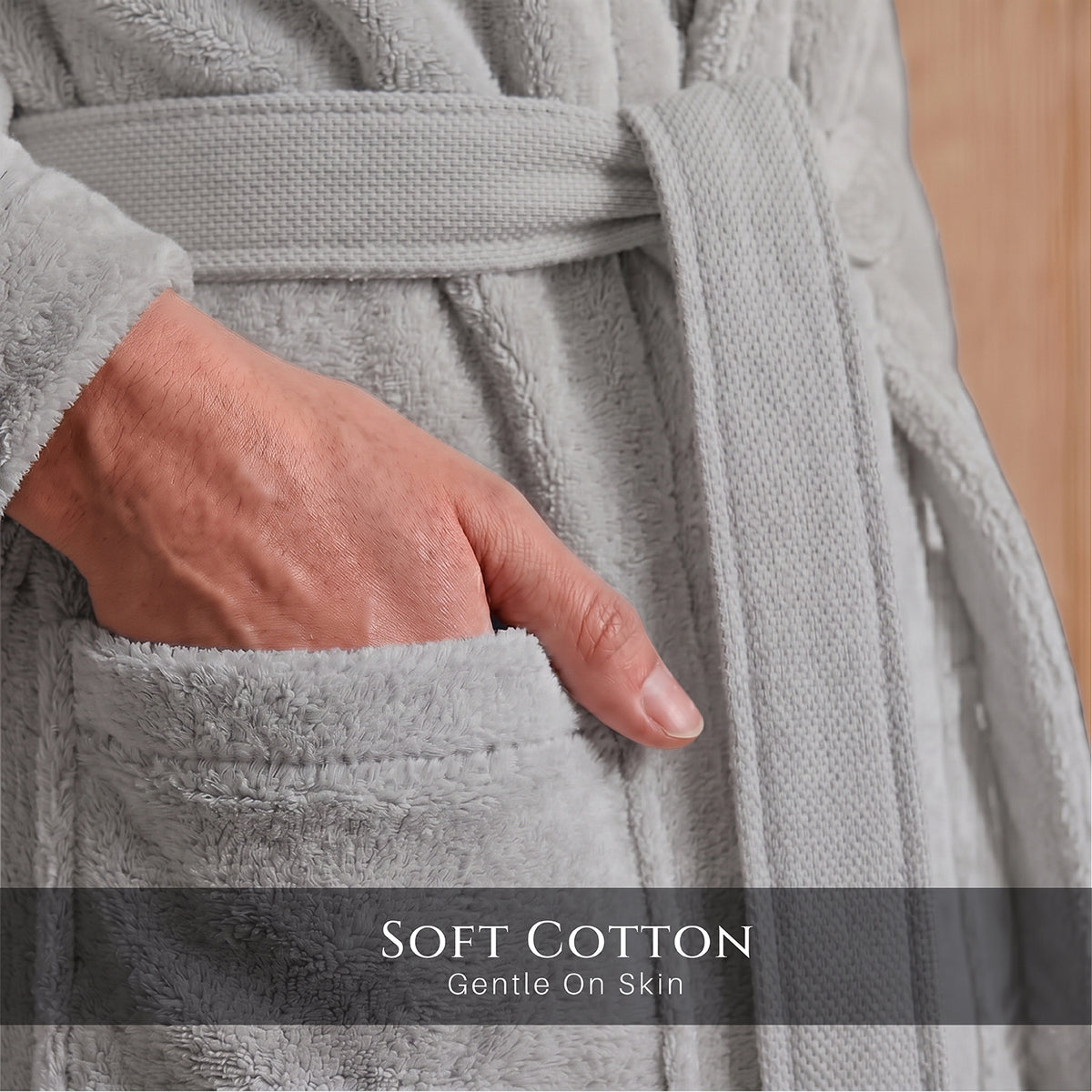 Plush Cotton Adult Bathrobe 100% Cotton Thick & Absorbent - Light Grey