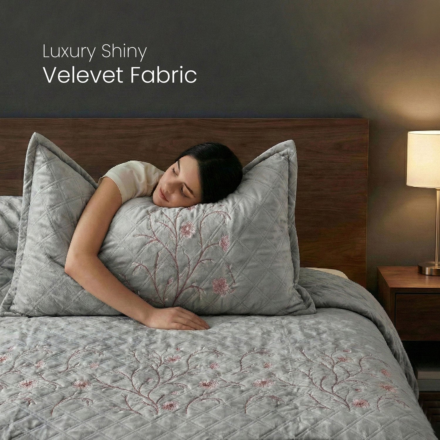 Velvet Quilt Set 3-Piece Diamond Quilted Bedspread Set 220×240cm with two pillow case Light Gray