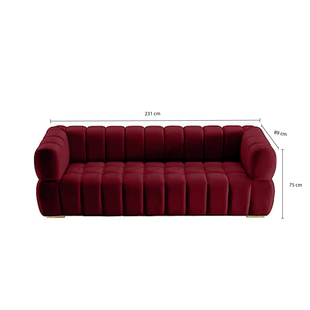 Gwen 3 Seater Sofa Velvet Fabric - Red - L231cm x W89cm X 75cm - Cotton Home