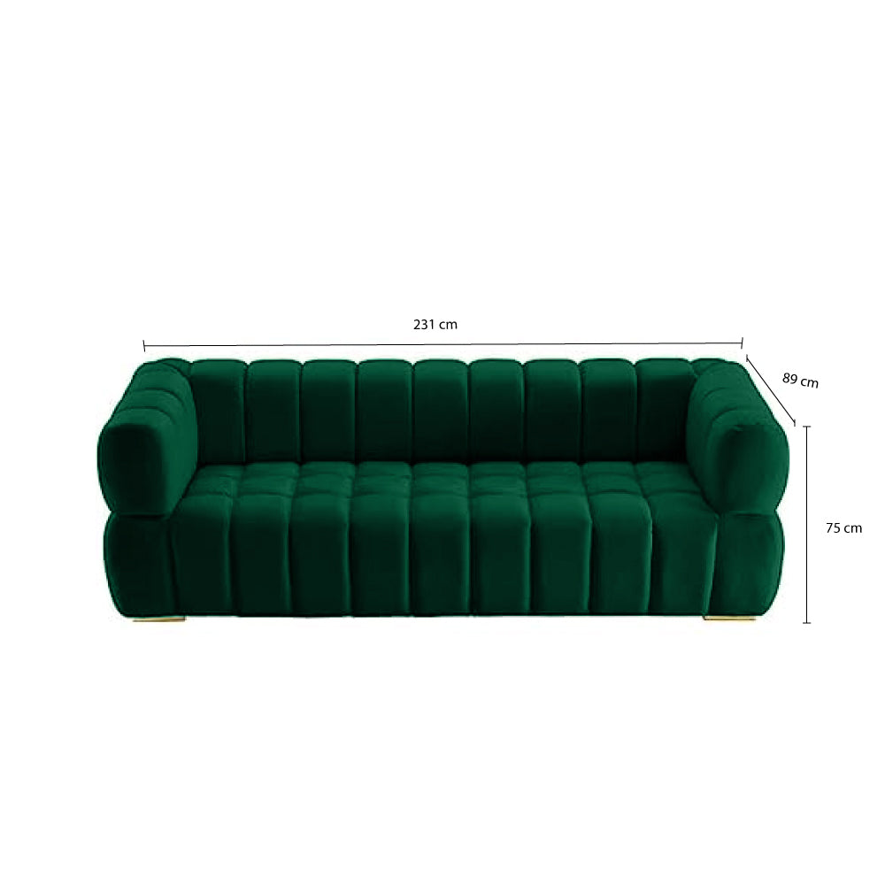 Gwen 3 Seater Sofa - Luxurious Emerald Green Velvet Upholstery - Spacious L231cm x W89cm x H75cm - Cotton Home