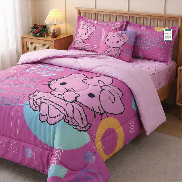 Hello Kitty Official Kids Bedding Set – 5 Piece Comforter Set Cozy & Colorful Cartoon Character with Matching Pillowcases & Bedsheet