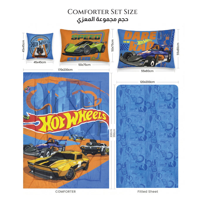 Hot Wheels Official Kids Bedding Set – 5 Piece Comforter Set Cozy & Colorful Cartoon Character with Matching Pillowcases & Bedsheet