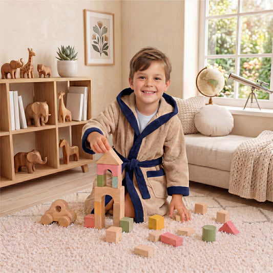 Puddle Kids Cotton Bathrobe with Hood, Tie Belt & Pockets - Beige