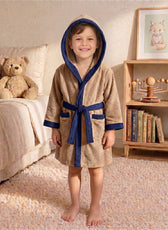 Puddle Kids Cotton Bathrobe with Hood, Tie Belt & Pockets - Beige