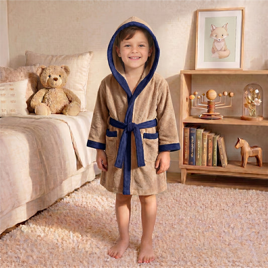 Puddle Kids Cotton Bathrobe with Hood, Tie Belt & Pockets - Beige