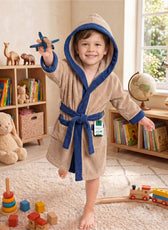 Puddle Kids Cotton Bathrobe with Hood, Tie Belt & Pockets - Beige