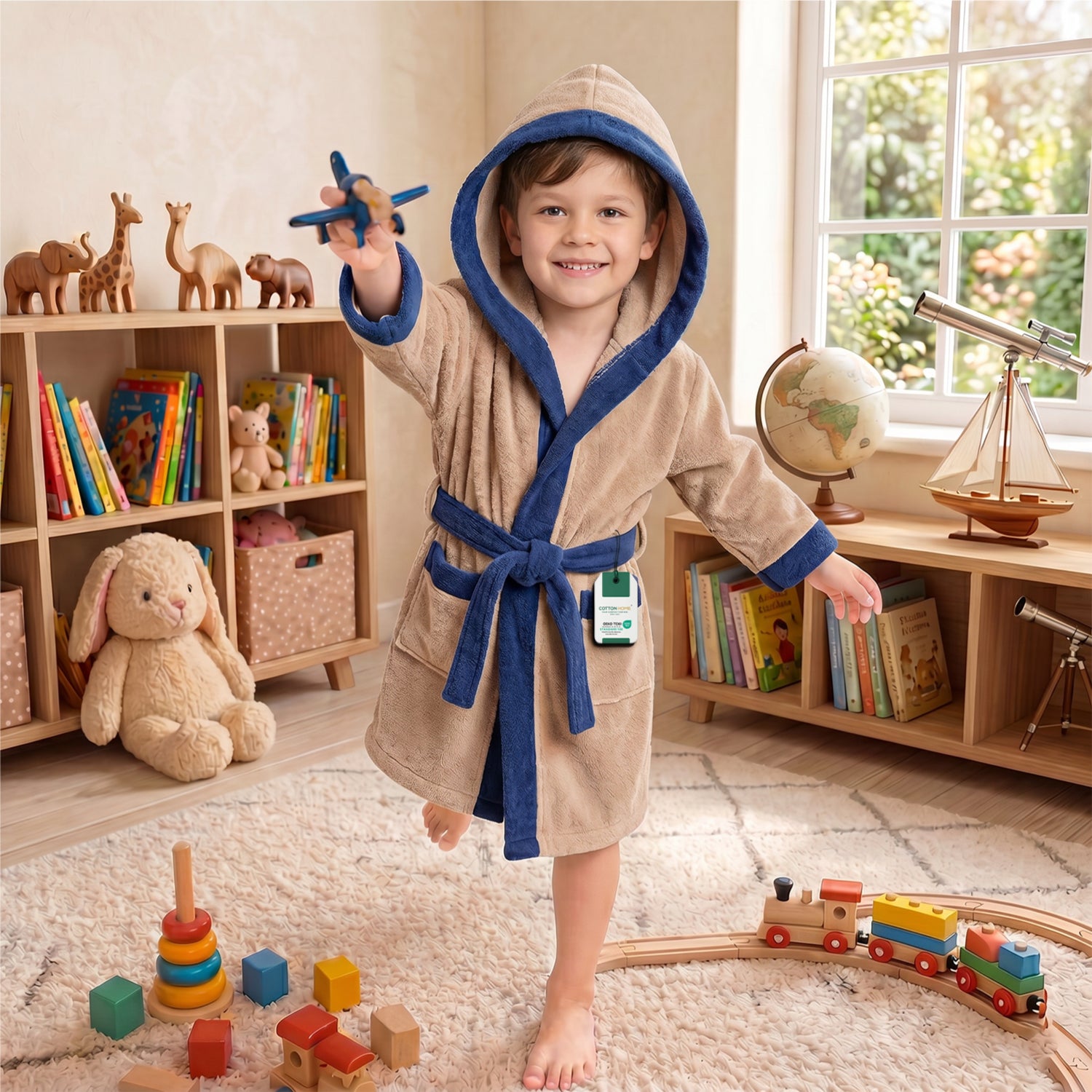 Puddle Kids Cotton Bathrobe with Hood, Tie Belt & Pockets - Beige