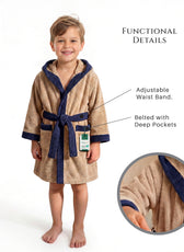 Puddle Kids Cotton Bathrobe with Hood, Tie Belt & Pockets - Beige