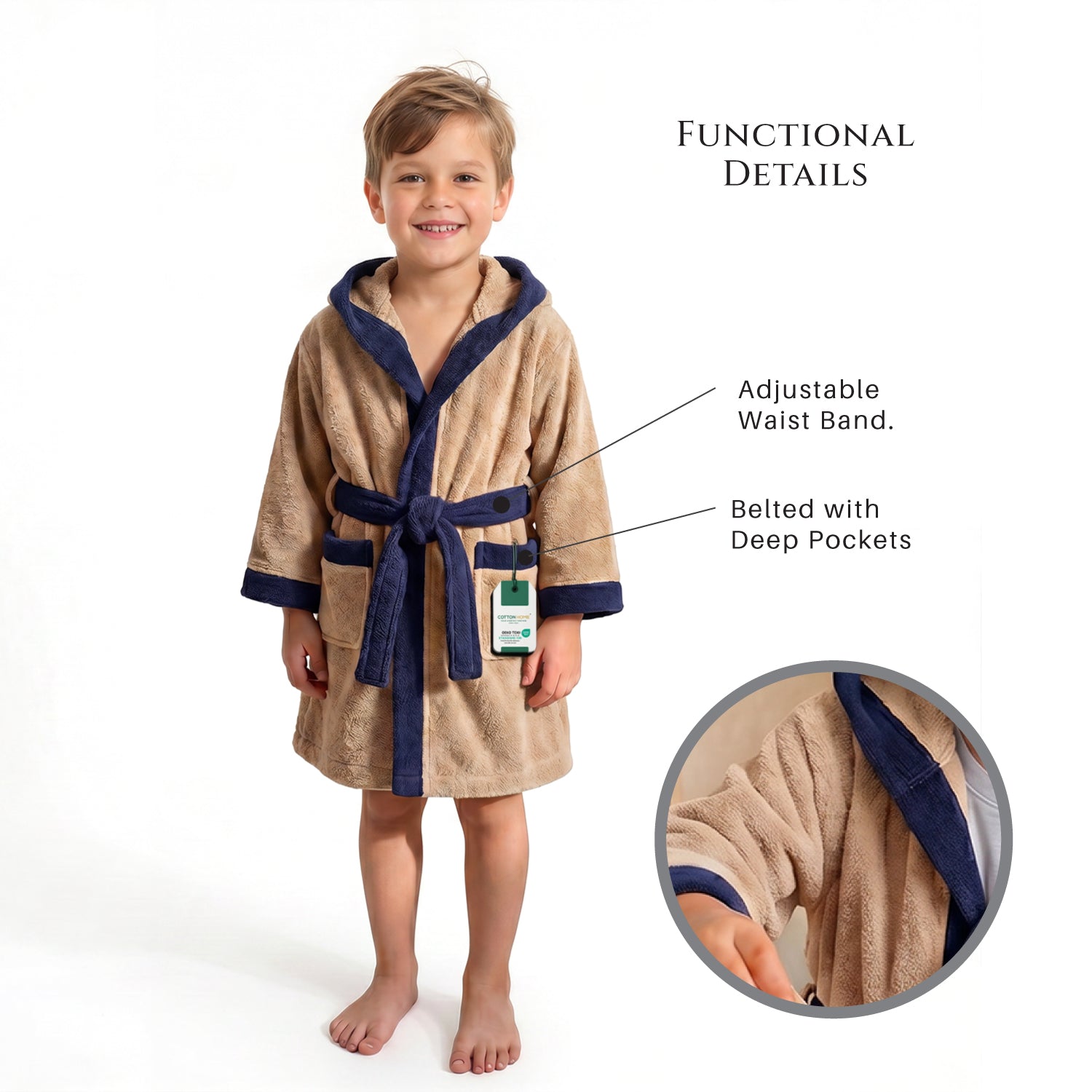 Puddle Kids Cotton Bathrobe with Hood, Tie Belt & Pockets - Beige