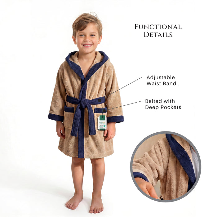 Puddle Kids Cotton Bathrobe with Hood, Tie Belt & Pockets - Beige
