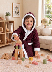 Puddle Kids Cotton Bathrobe with Hood, Tie Belt & Pockets - Burgundy
