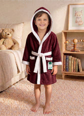 Puddle Kids Cotton Bathrobe with Hood, Tie Belt & Pockets - Burgundy