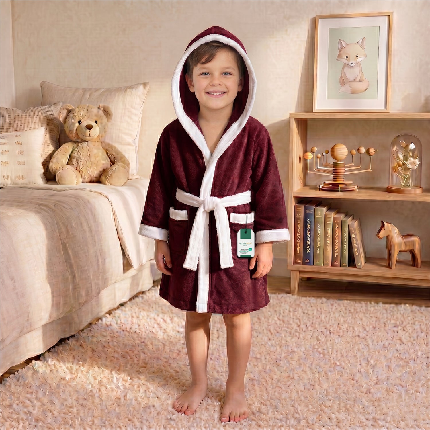 Puddle Kids Cotton Bathrobe with Hood, Tie Belt & Pockets - Burgundy