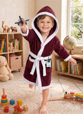 Puddle Kids Cotton Bathrobe with Hood, Tie Belt & Pockets - Burgundy
