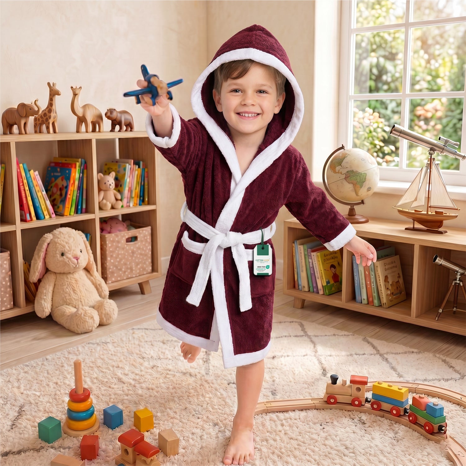 Puddle Kids Cotton Bathrobe with Hood, Tie Belt & Pockets - Burgundy