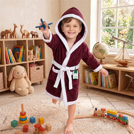 Puddle Kids Cotton Bathrobe with Hood, Tie Belt & Pockets - Burgundy