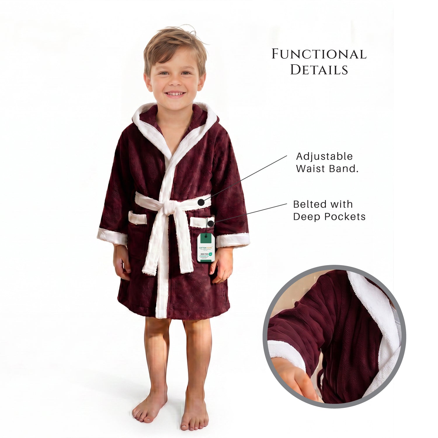 Puddle Kids Cotton Bathrobe with Hood, Tie Belt & Pockets - Burgundy