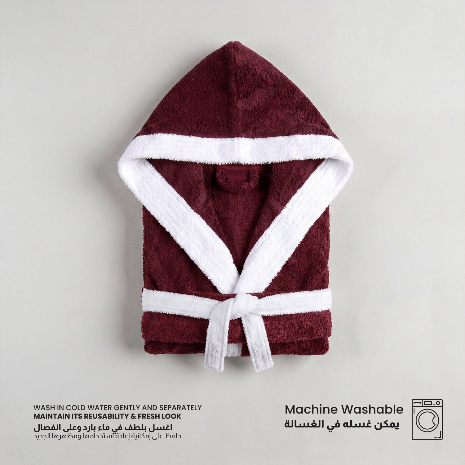 Puddle Kids Cotton Bathrobe with Hood, Tie Belt & Pockets - Burgundy