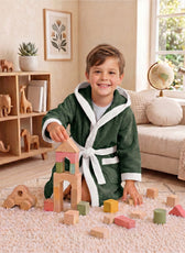 Puddle Kids Cotton Bathrobe with Hood, Tie Belt & Pockets - Dark Green