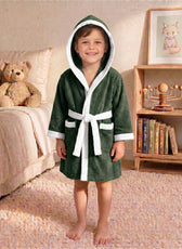 Puddle Kids Cotton Bathrobe with Hood, Tie Belt & Pockets - Dark Green