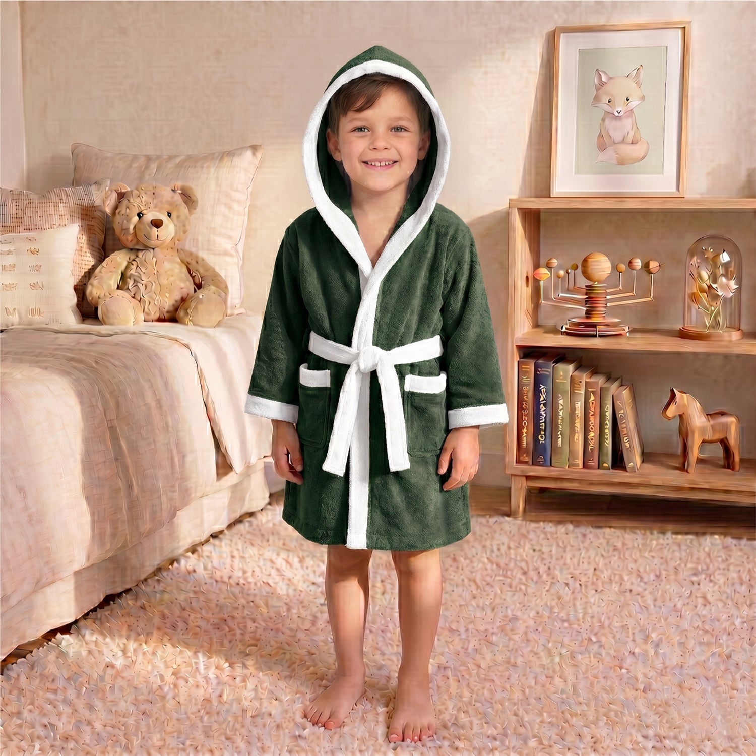Puddle Kids Cotton Bathrobe with Hood, Tie Belt & Pockets - Dark Green
