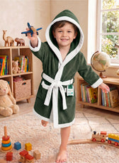 Puddle Kids Cotton Bathrobe with Hood, Tie Belt & Pockets - Dark Green