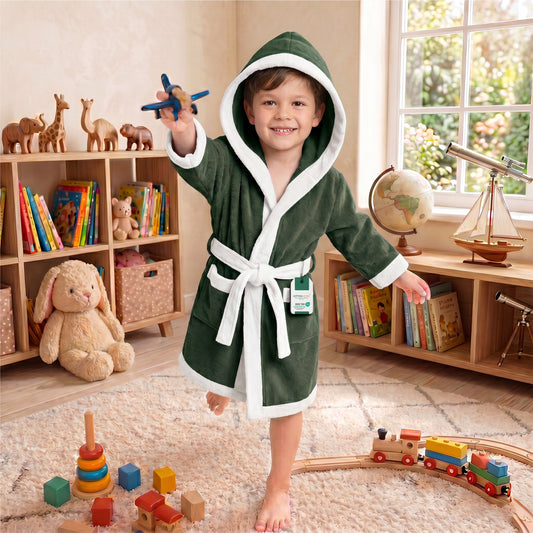 Puddle Kids Cotton Bathrobe with Hood, Tie Belt & Pockets - Dark Green