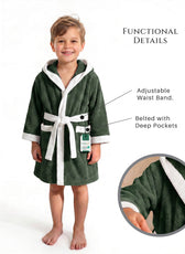 Puddle Kids Cotton Bathrobe with Hood, Tie Belt & Pockets - Dark Green