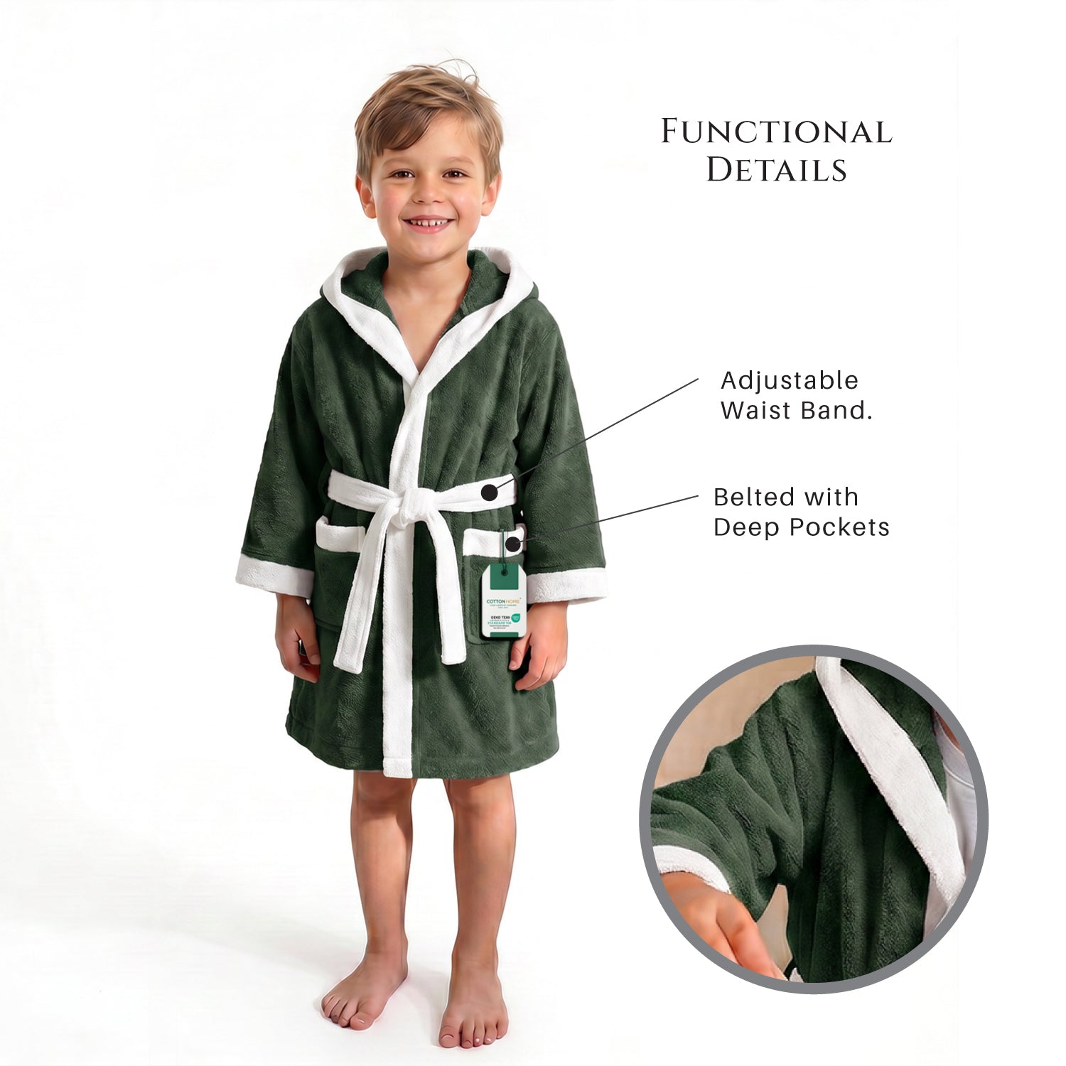 Puddle Kids Cotton Bathrobe with Hood, Tie Belt & Pockets - Dark Green