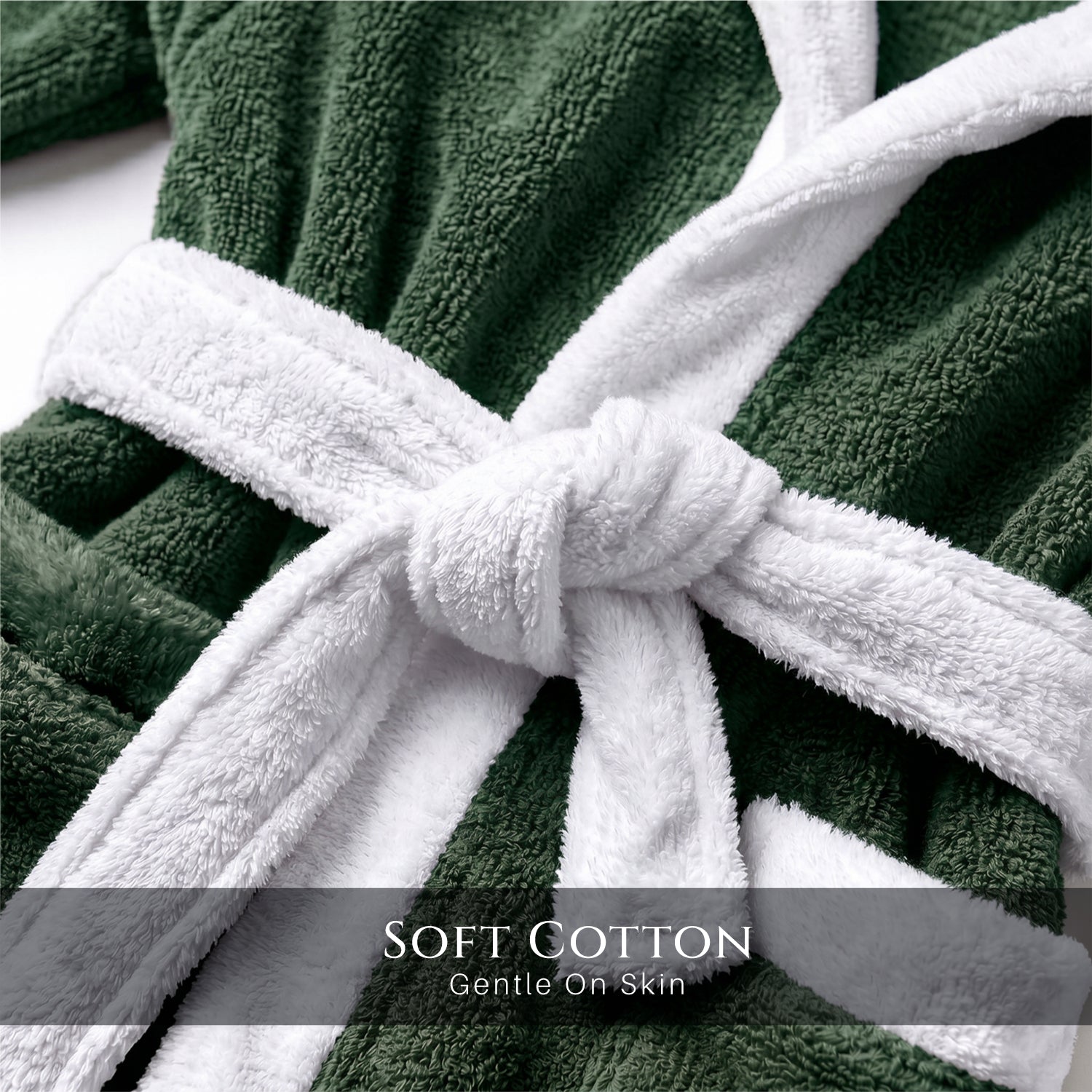 Puddle Kids Cotton Bathrobe with Hood, Tie Belt & Pockets - Dark Green