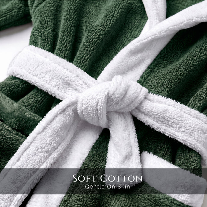 Puddle Kids Cotton Bathrobe with Hood, Tie Belt & Pockets - Dark Green