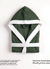 Puddle Kids Cotton Bathrobe with Hood, Tie Belt & Pockets - Dark Green
