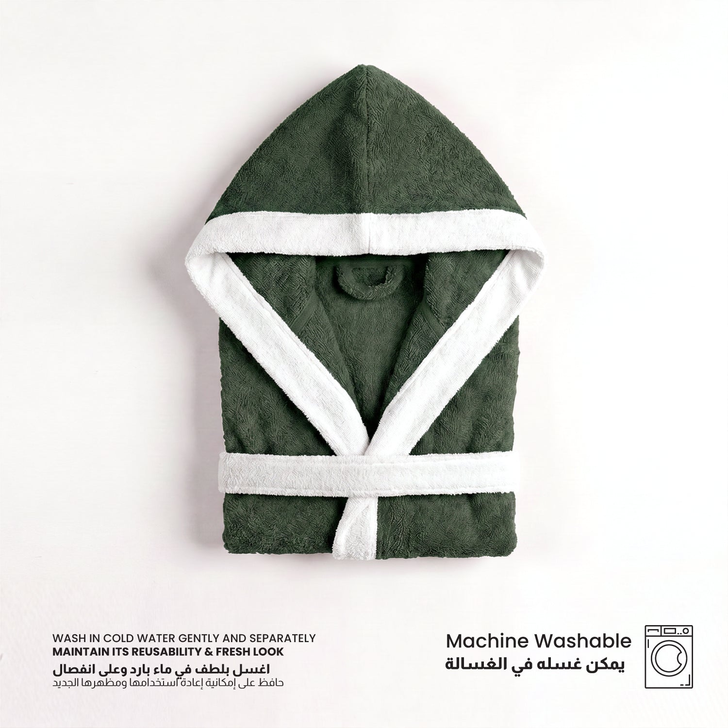 Puddle Kids Cotton Bathrobe with Hood, Tie Belt & Pockets - Dark Green