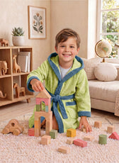 Puddle Kids Cotton Bathrobe with Hood, Tie Belt & Pockets - Light Green