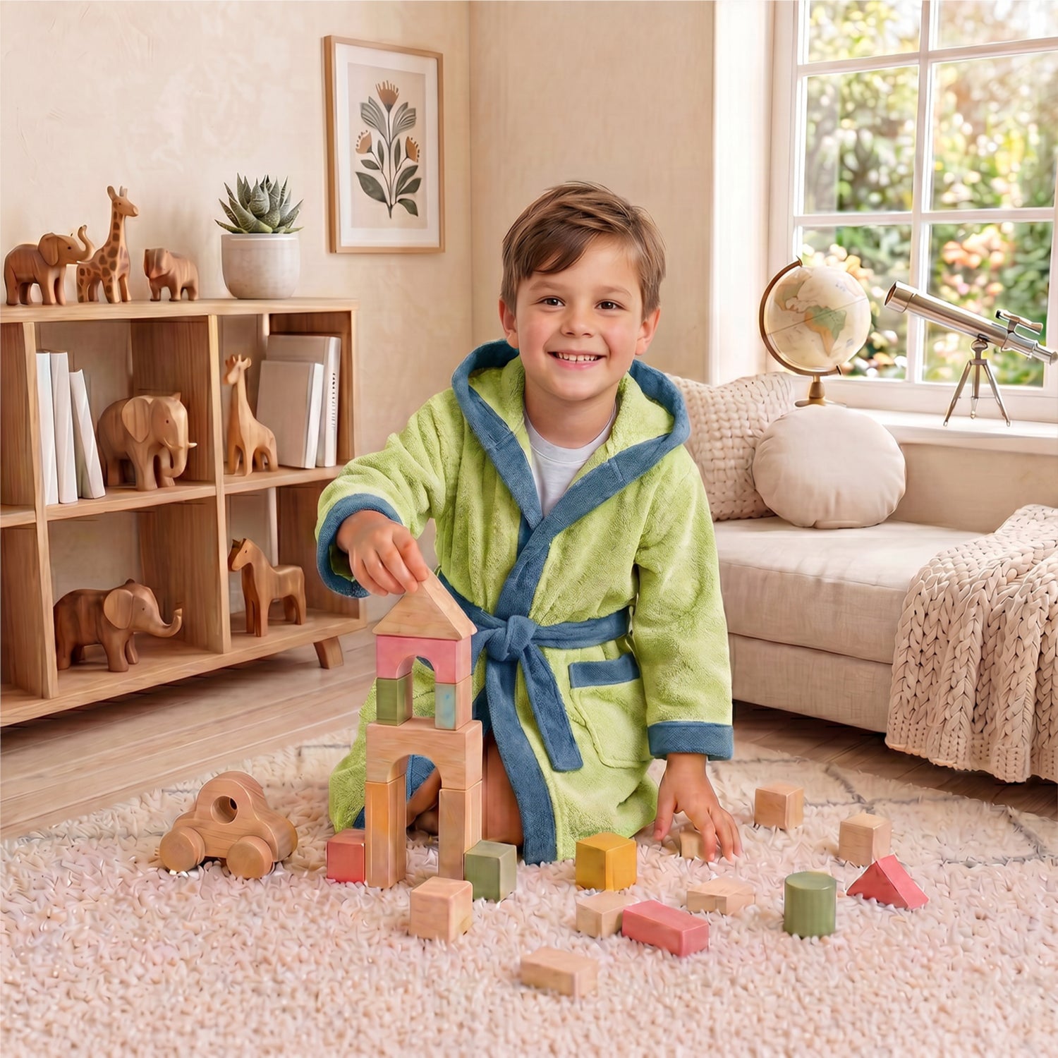 Puddle Kids Cotton Bathrobe with Hood, Tie Belt & Pockets - Light Green