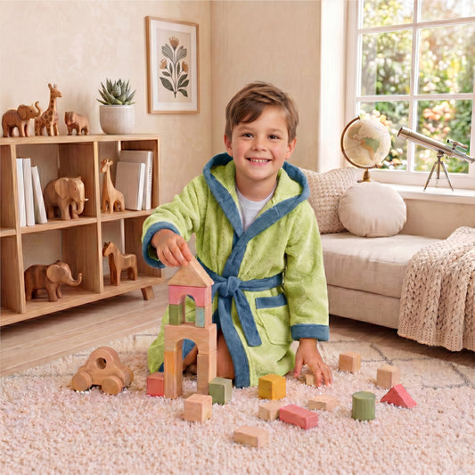 Puddle Kids Cotton Bathrobe with Hood, Tie Belt & Pockets - Light Green