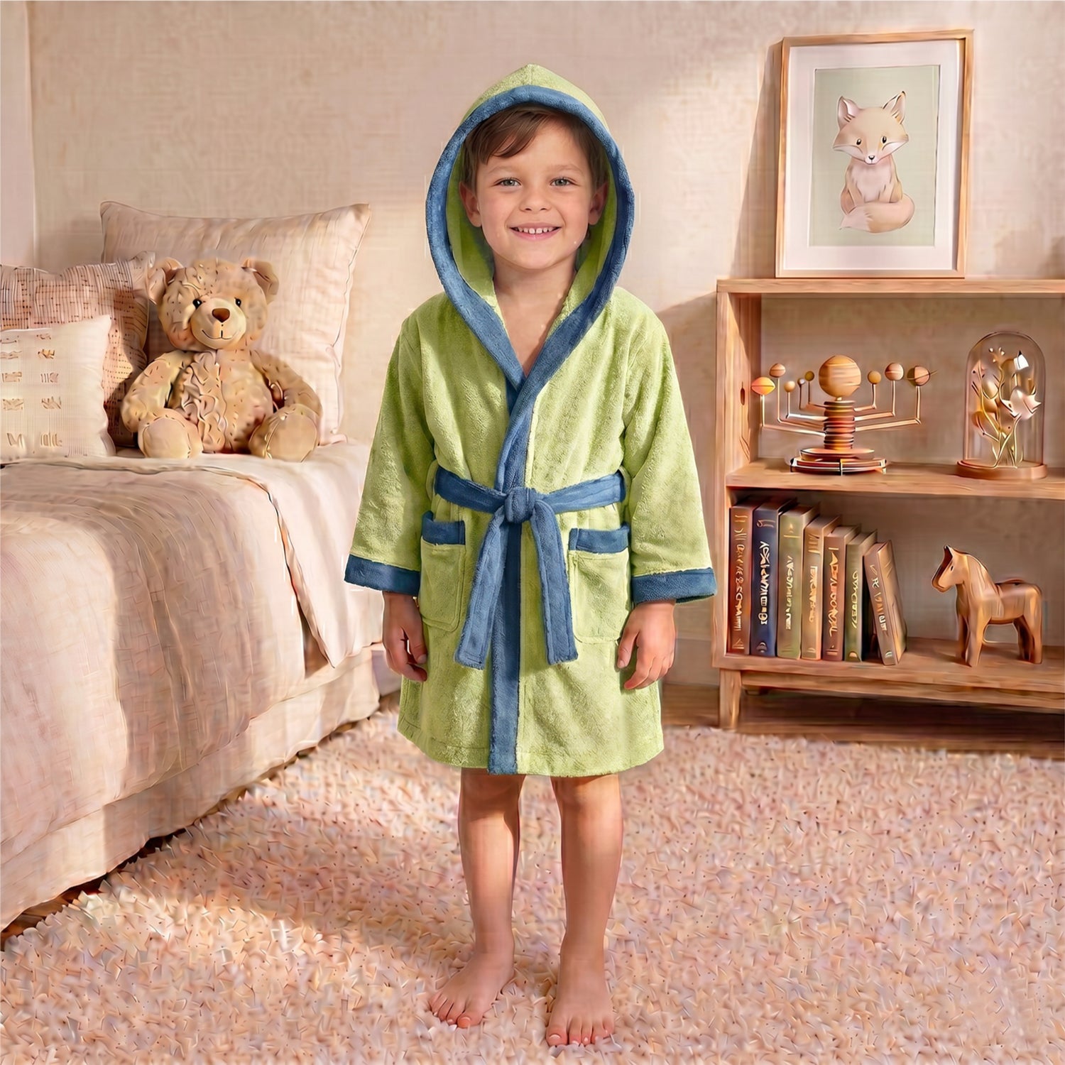 Puddle Kids Cotton Bathrobe with Hood, Tie Belt & Pockets - Light Green