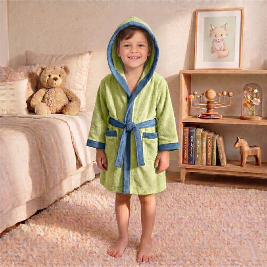 Puddle Kids Cotton Bathrobe with Hood, Tie Belt & Pockets - Light Green