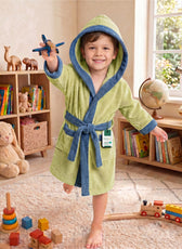 Puddle Kids Cotton Bathrobe with Hood, Tie Belt & Pockets - Light Green