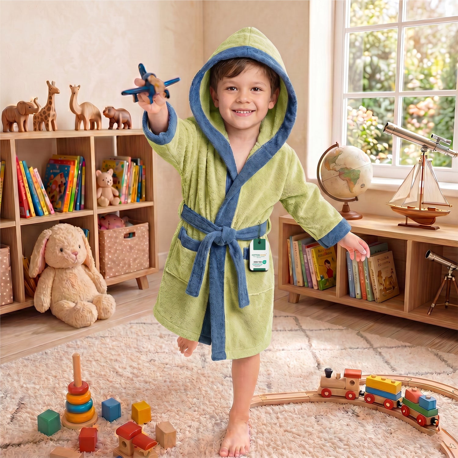 Puddle Kids Cotton Bathrobe with Hood, Tie Belt & Pockets - Light Green