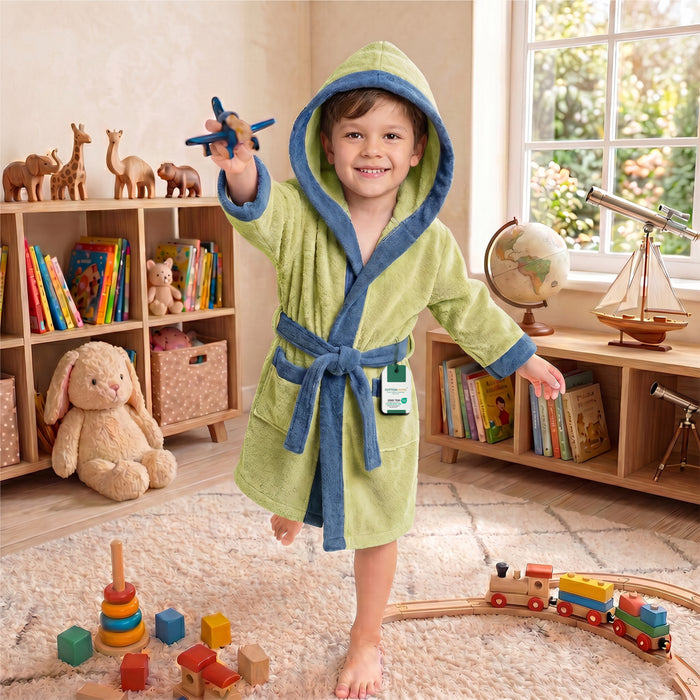 Puddle Kids Cotton Bathrobe with Hood, Tie Belt & Pockets - Light Green