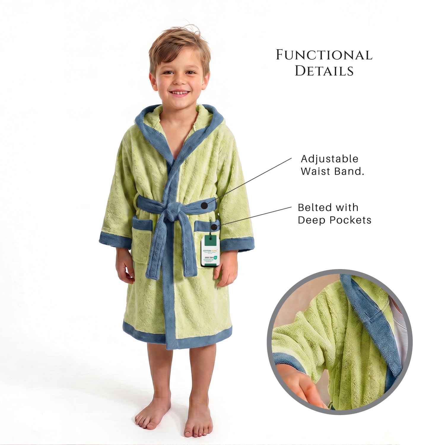Puddle Kids Cotton Bathrobe with Hood, Tie Belt & Pockets - Light Green