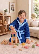 Puddle Kids Cotton Bathrobe with Hood, Tie Belt & Pockets - Navy Blue